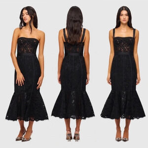 LEO LIN Clover Lace Bustier Ruffle Midi Dress in Black, size 8 Sleeveless